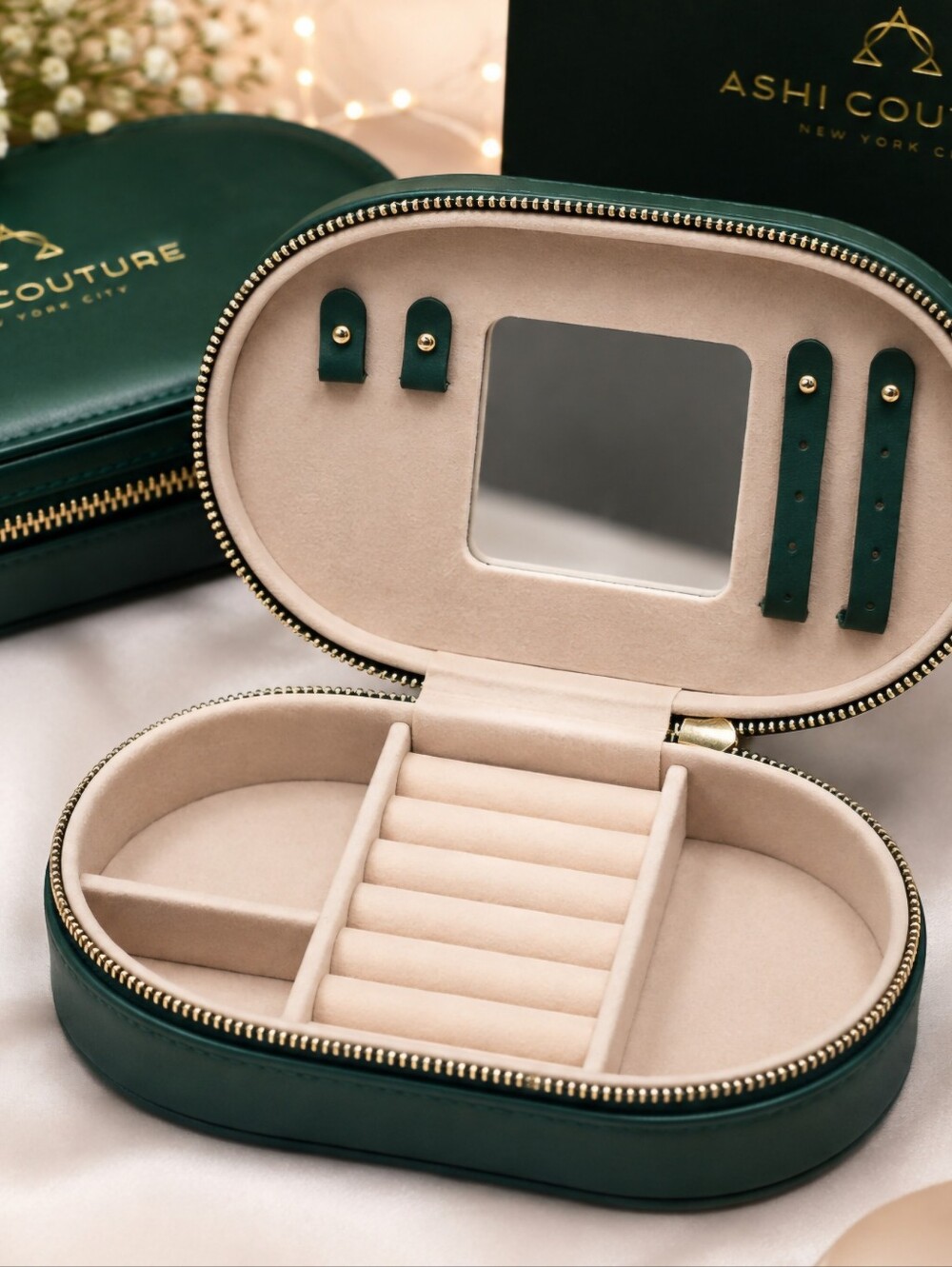 Travel Jewelry Case - Green Exterior, Beige Interior